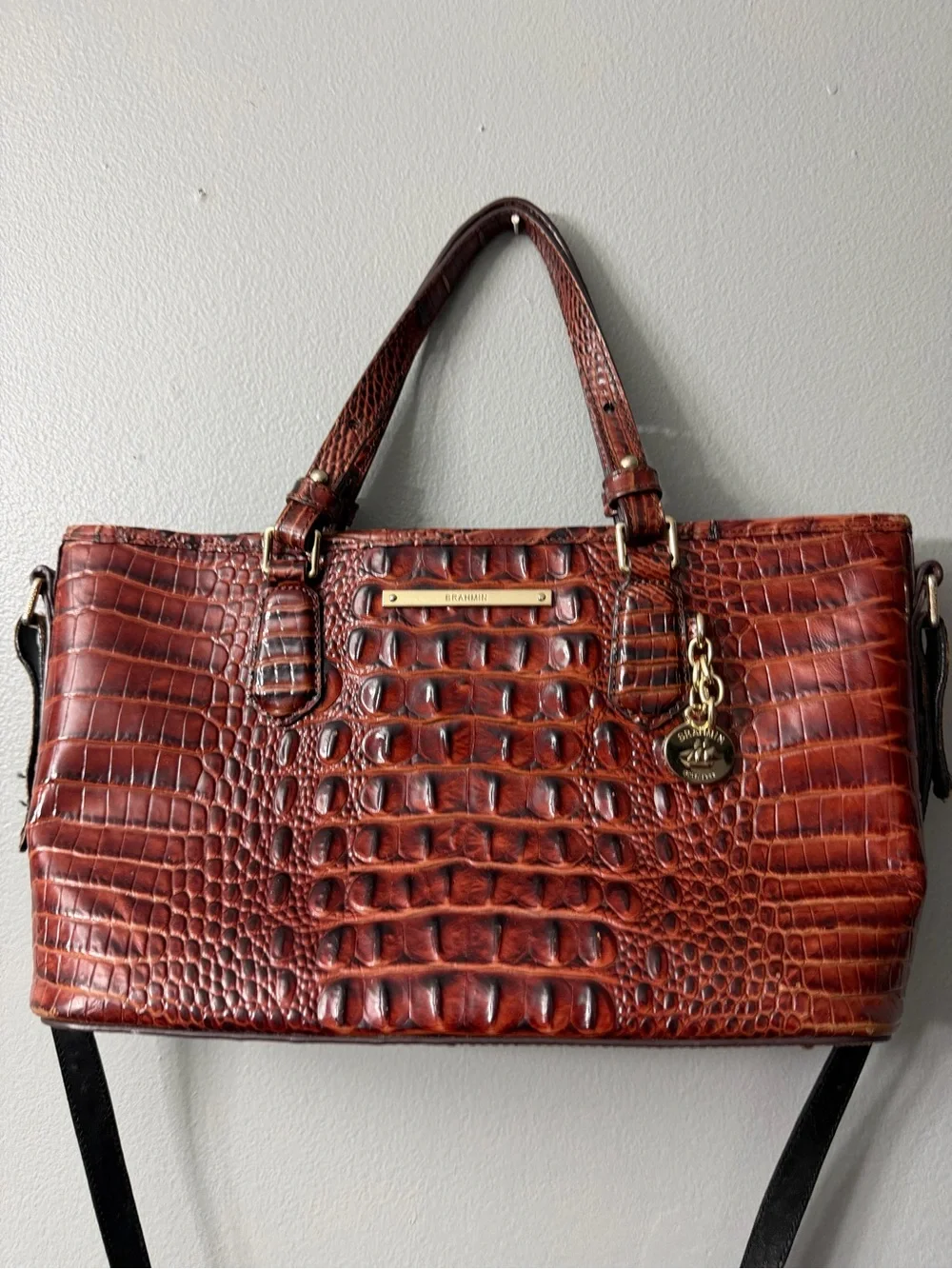 Brahmin Mini Asher Satchel in Pecan Melbourne leather, featuring a textured croc